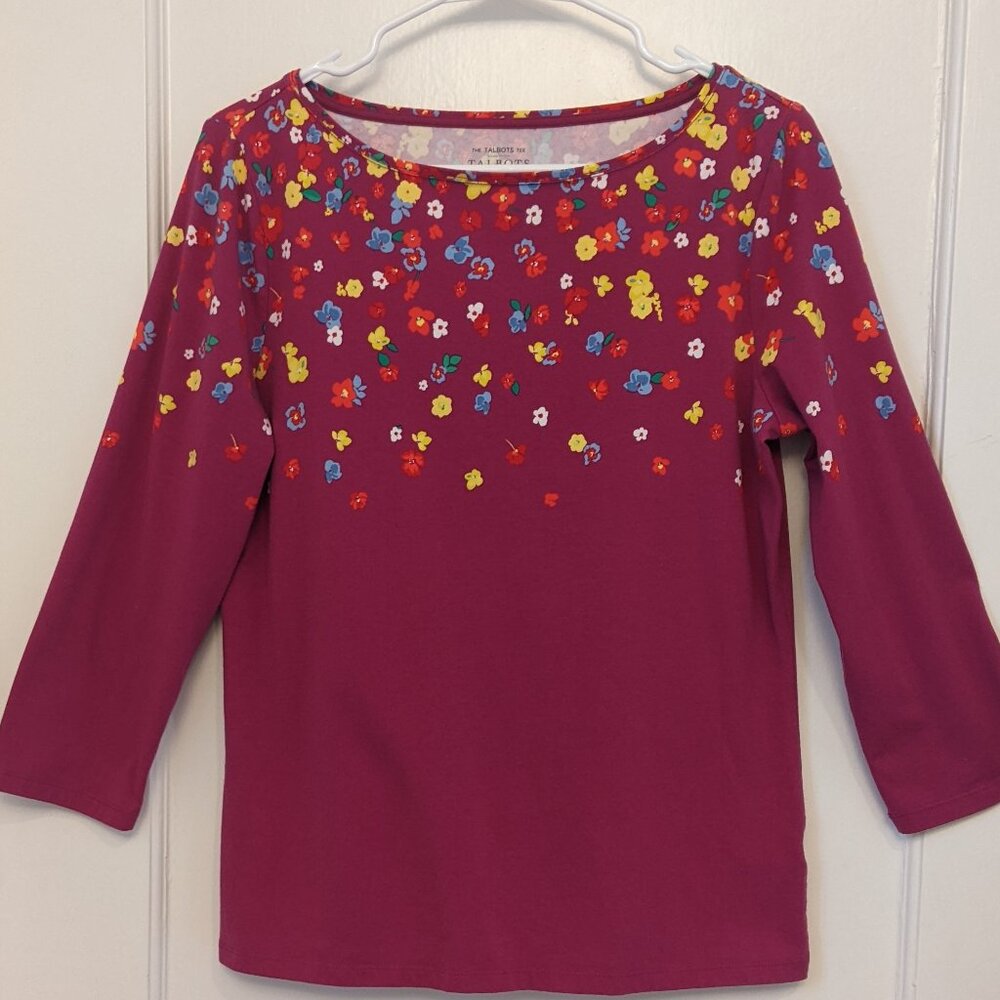 Talbots Women's M Cotton Tee Floral Fushia Hippie Y2K Retro Chic Festival Indie